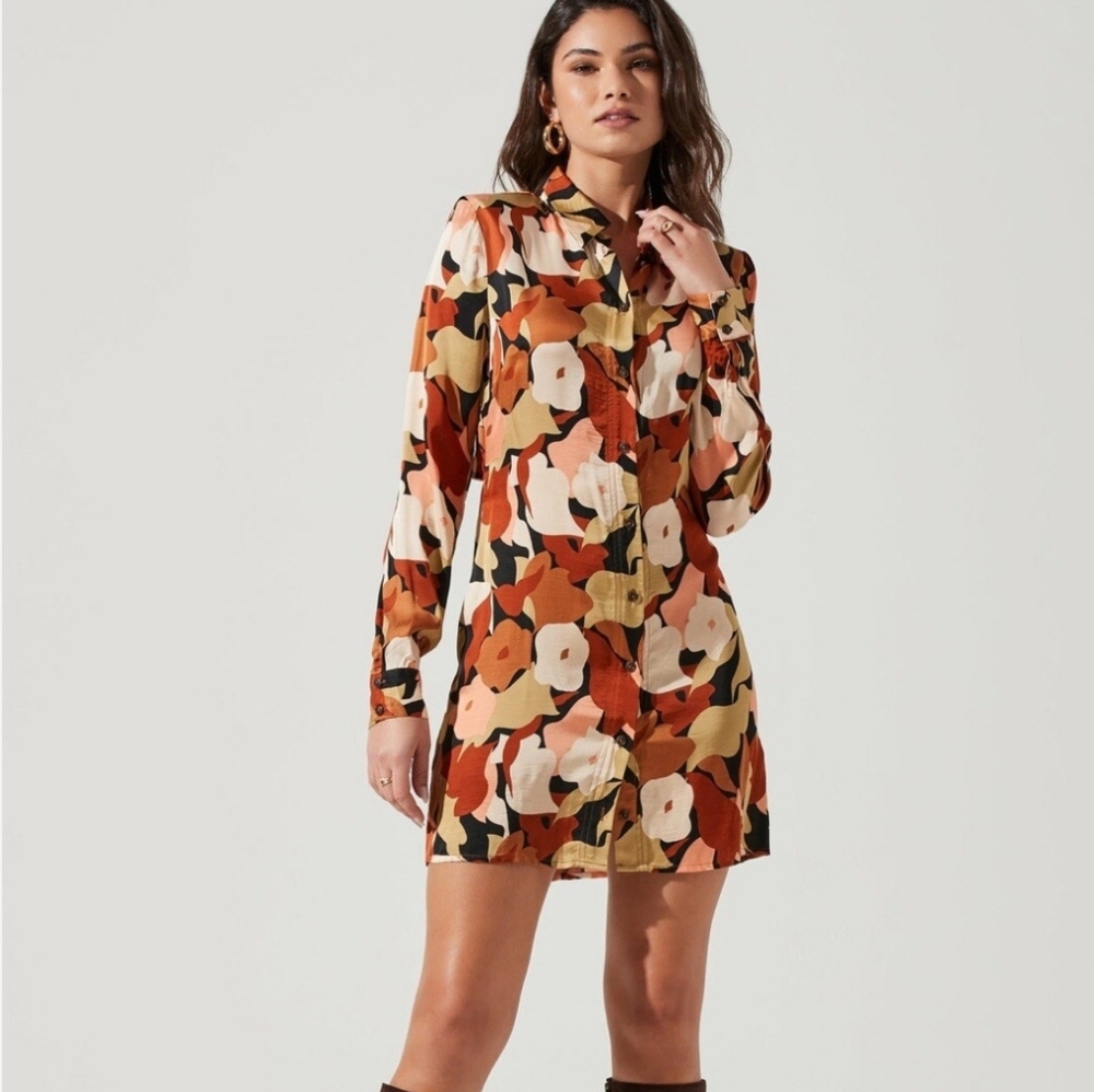 ASTR The Label Retro Brown Abstract Print Longsleeve Mini Dress Size Small